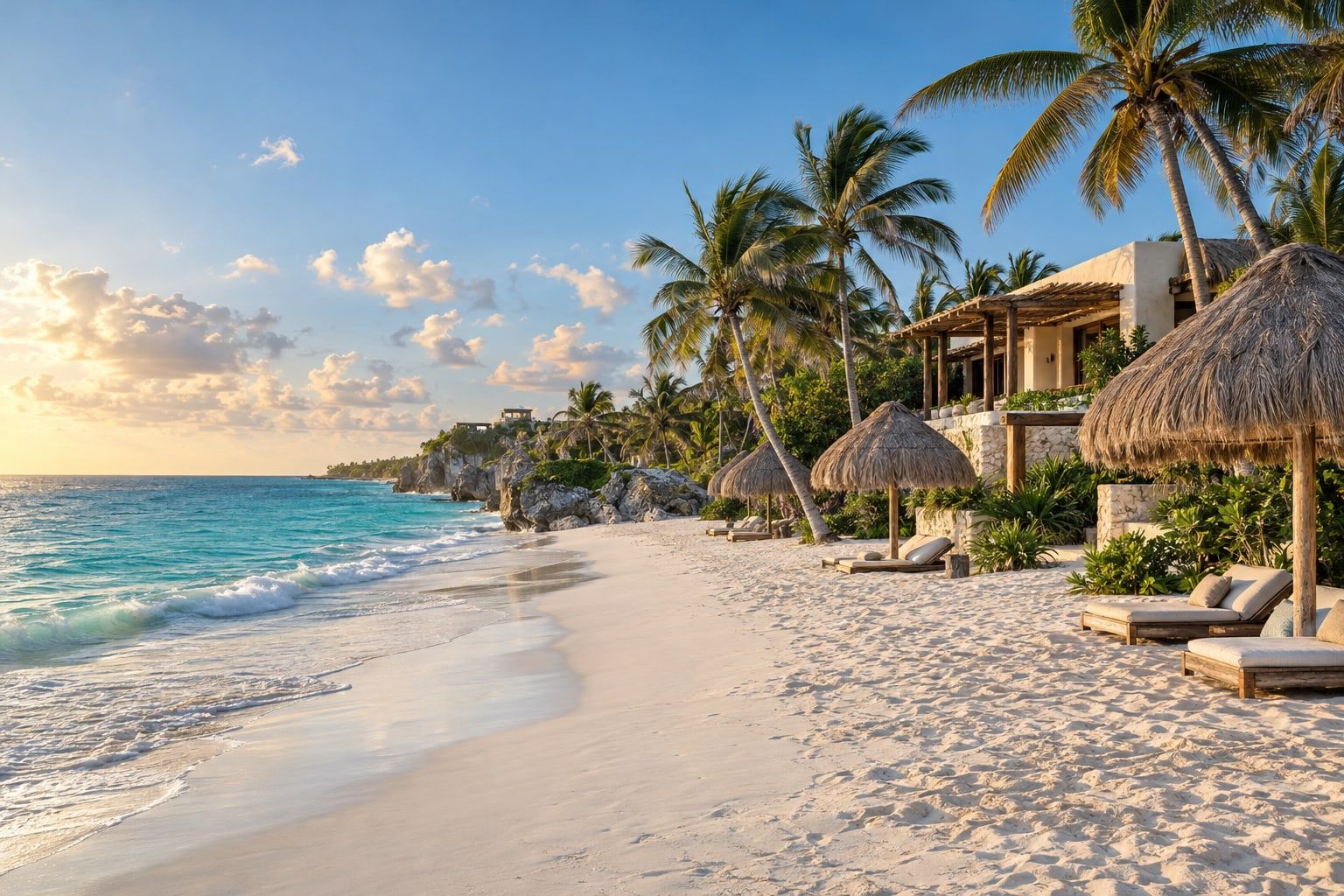 Biała plaża i turkusowe Morze Karaibskie w Tulum